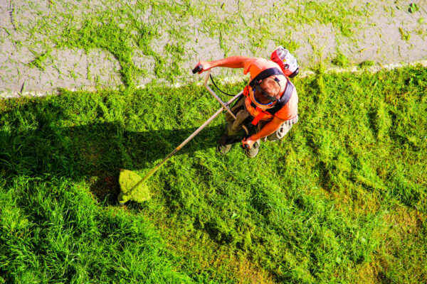 Young worker mowing lawn with grass trimmer outdoors on sunny day. Man mowing the grass, the mower top view. Professional roadside mowing. Photo of young man mowing the grass during beautiful evening